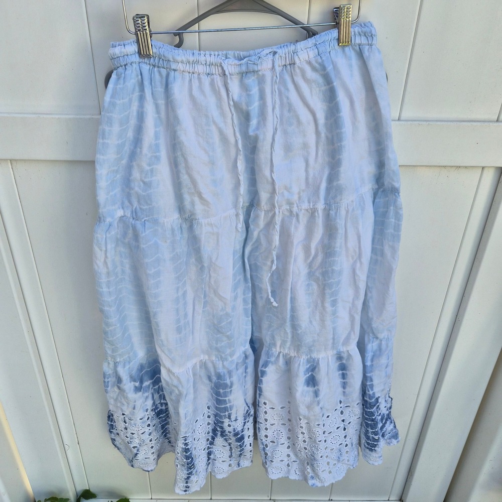 Blue White Tie Dye Tiered Eyelet Hem Midi Skirt Elastic Waist Boho Summer